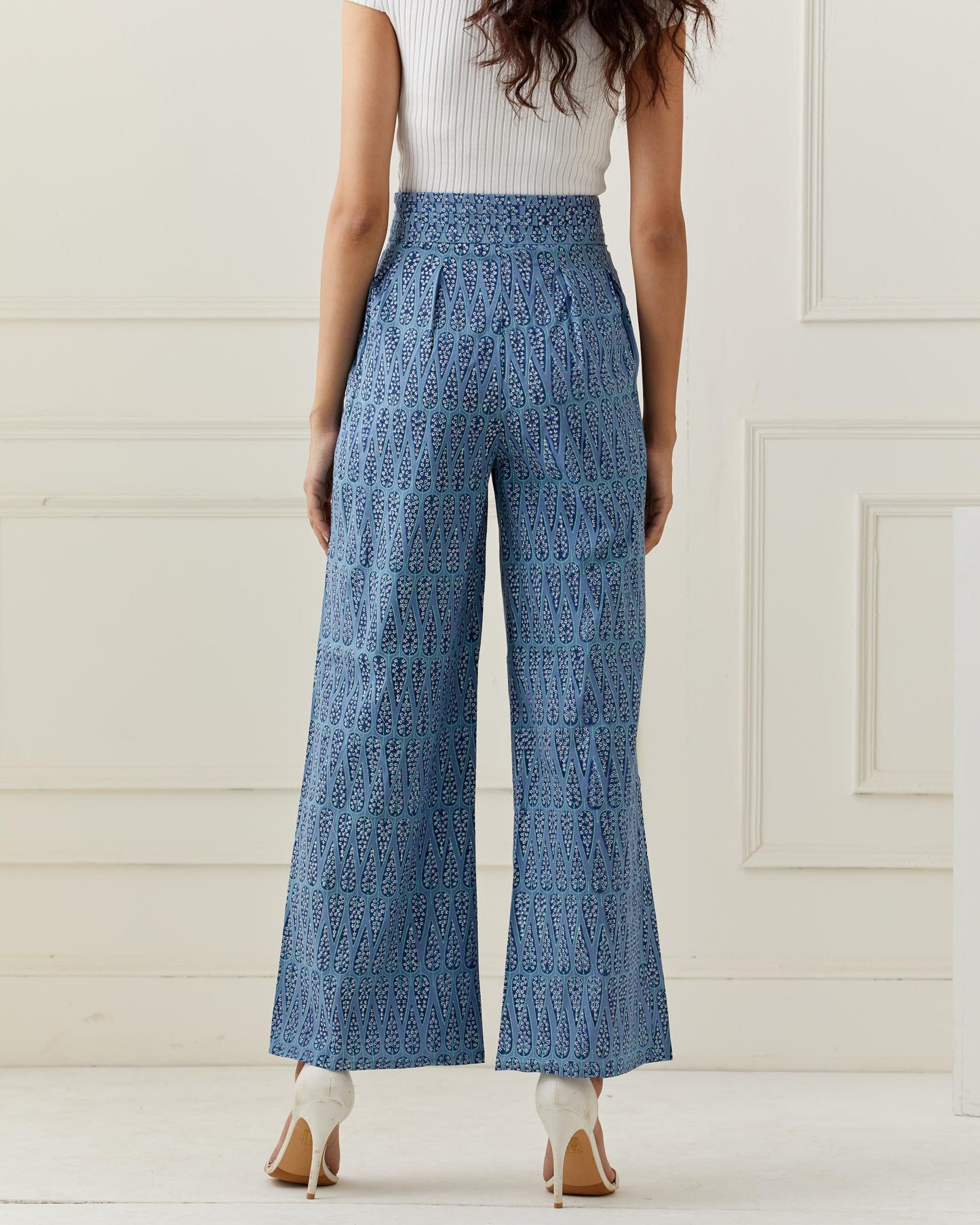 Blue Cotton Printed Flared Pant