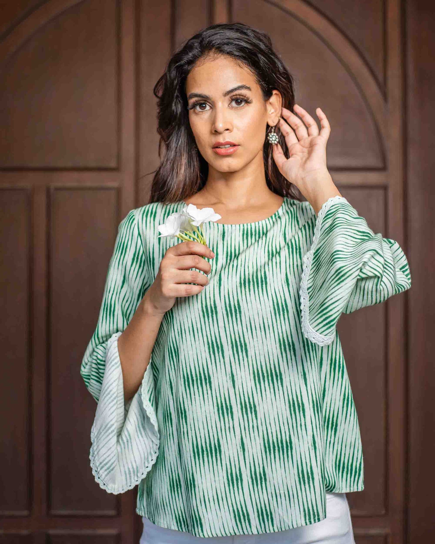 Viscose Cotton Linen Flared Sleeve Top