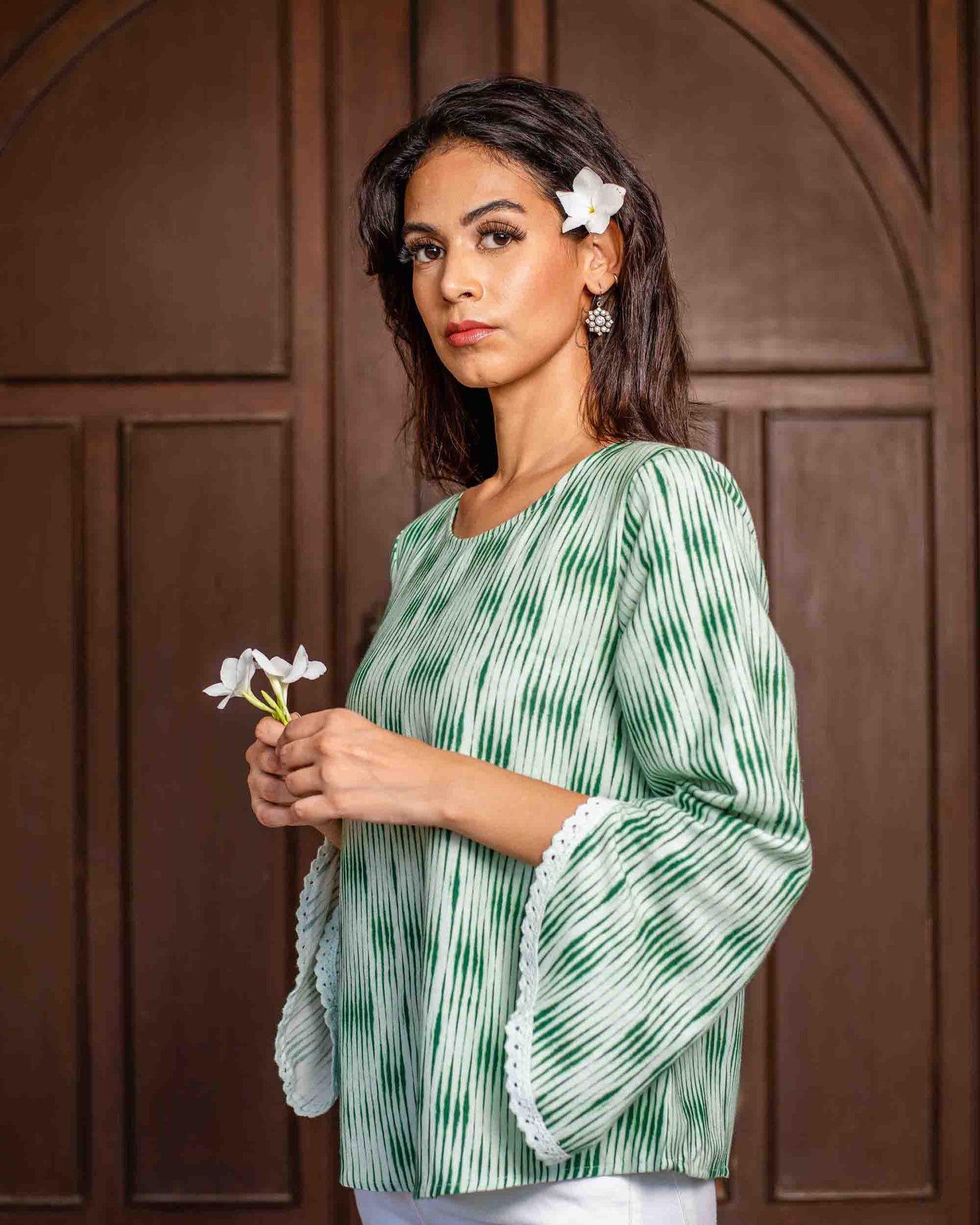 Viscose Cotton Linen Flared Sleeve Top