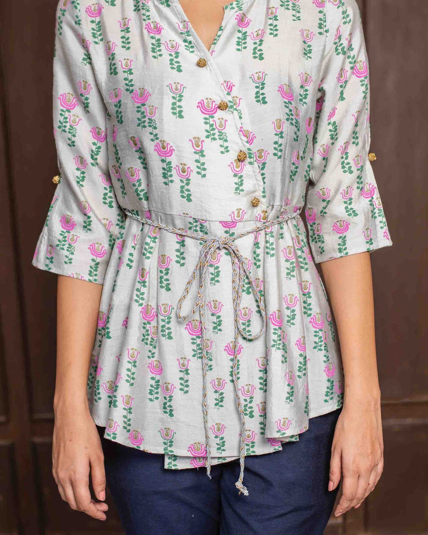 Gray Gold Printed Chanderi Silk Top