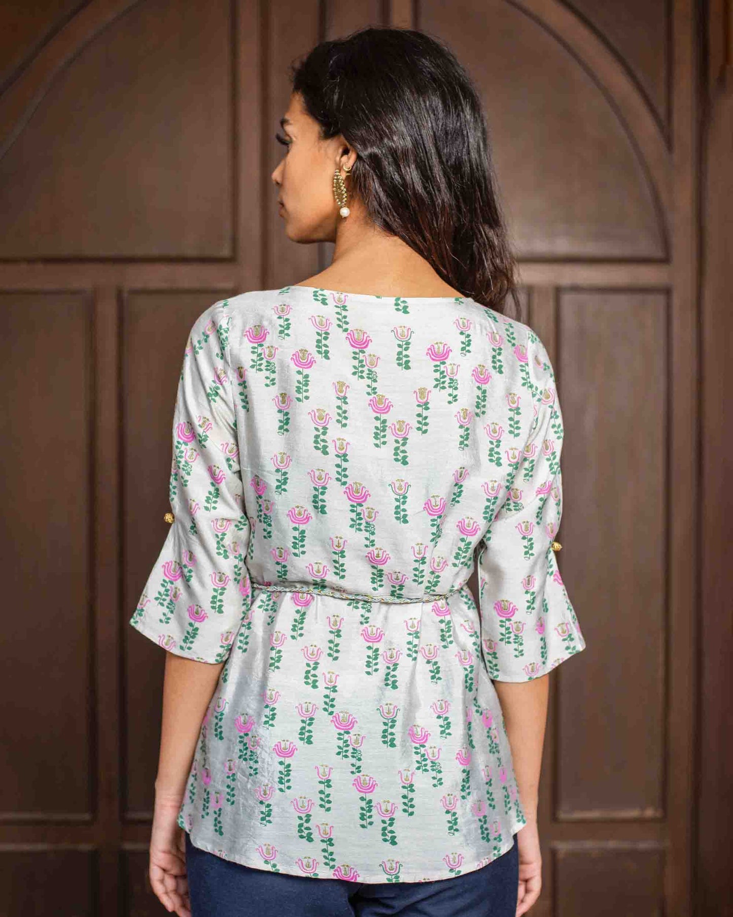 Gray Gold Printed Chanderi Silk Top