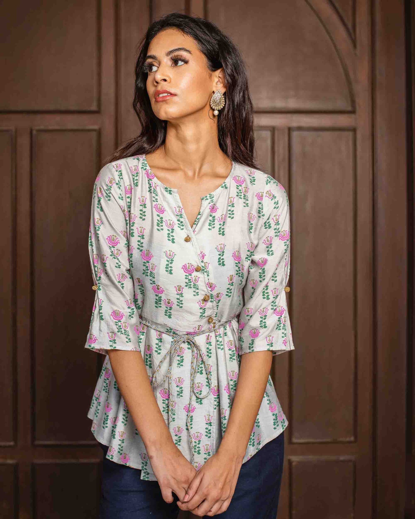 Gray Gold Printed Chanderi Silk Top