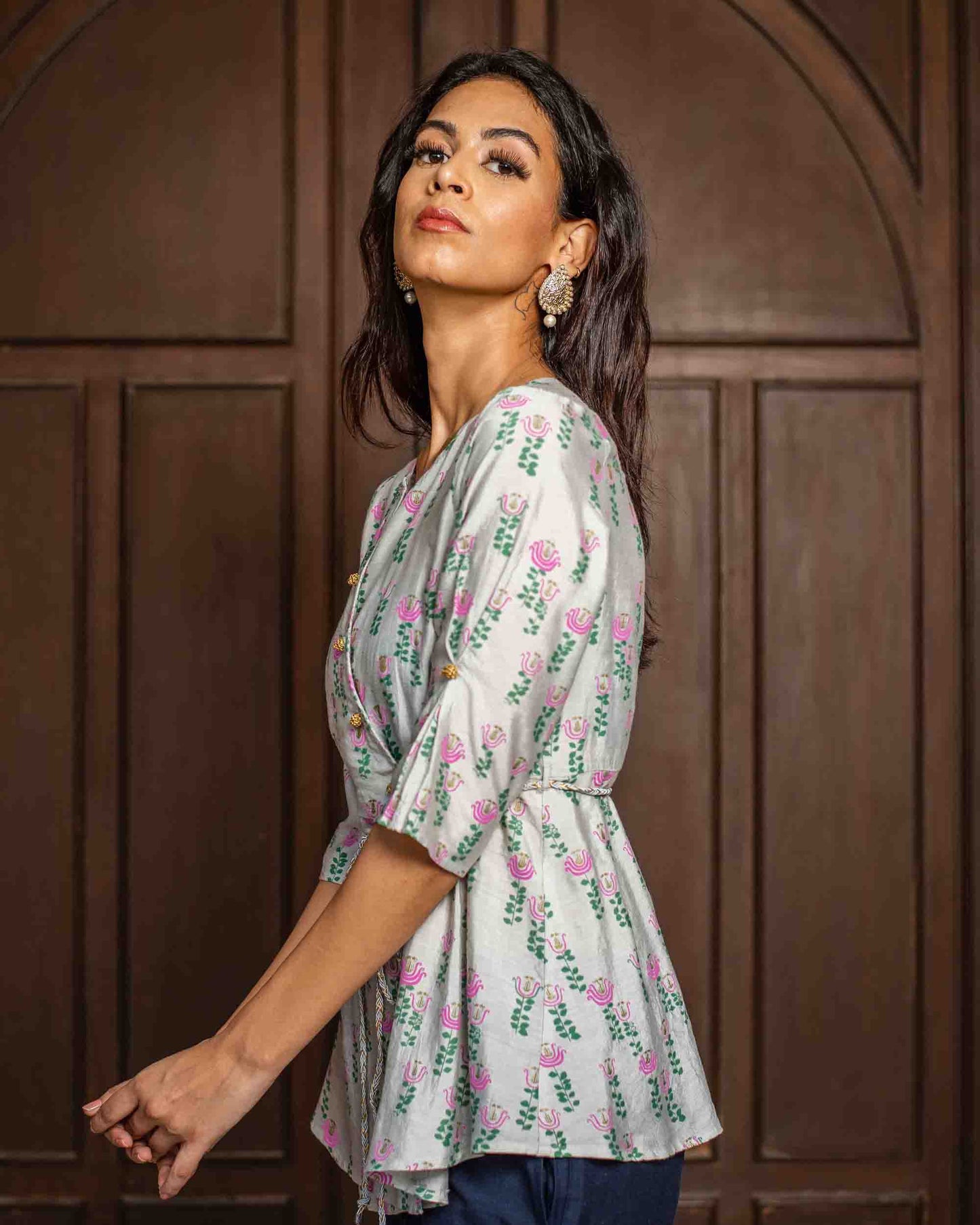 Gray Gold Printed Chanderi Silk Top