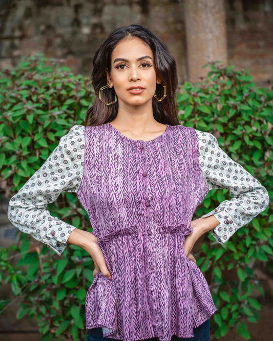 Modal Satin Printed Contrast Sleeve Top