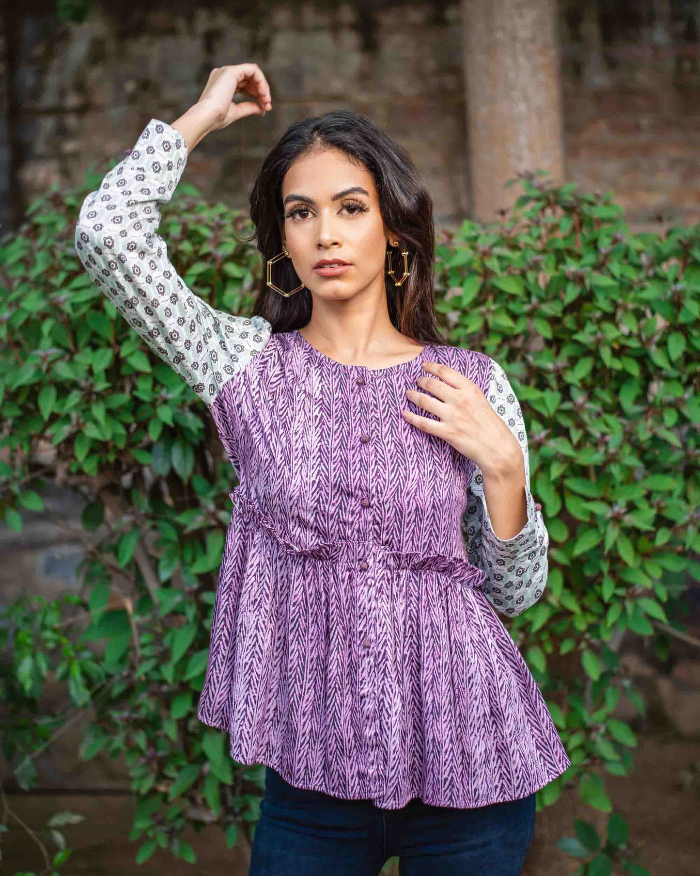 Modal Satin Printed Contrast Sleeve Top