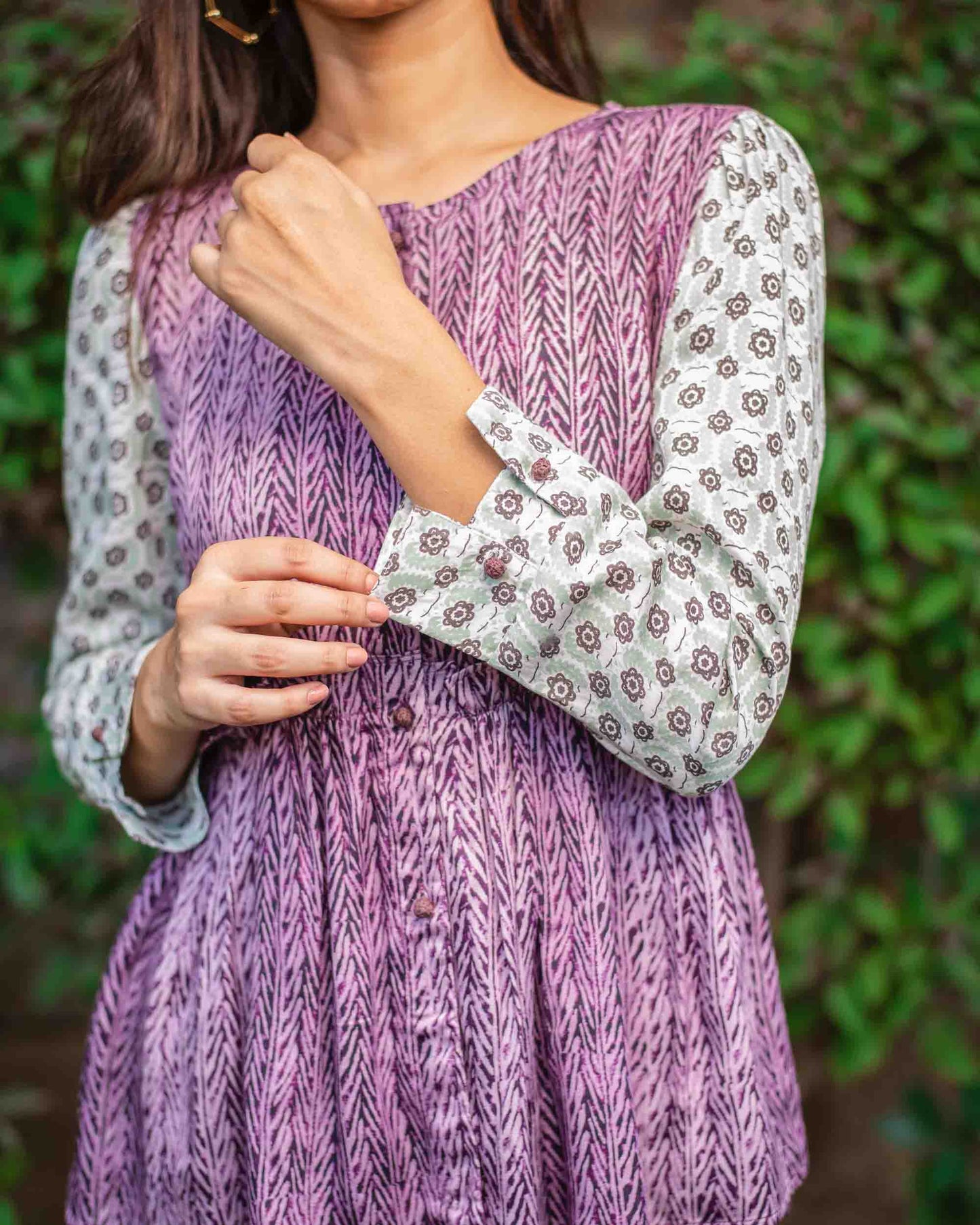 Modal Satin Printed Contrast Sleeve Top