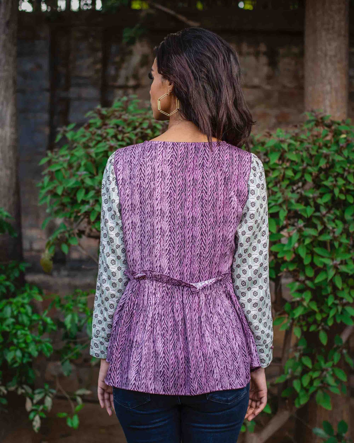 Modal Satin Printed Contrast Sleeve Top
