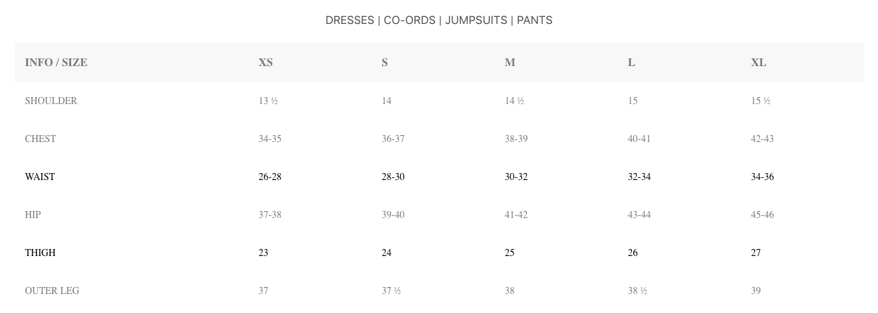 how to measure womens clothing co-ord sets dresses pants jumpsuits 