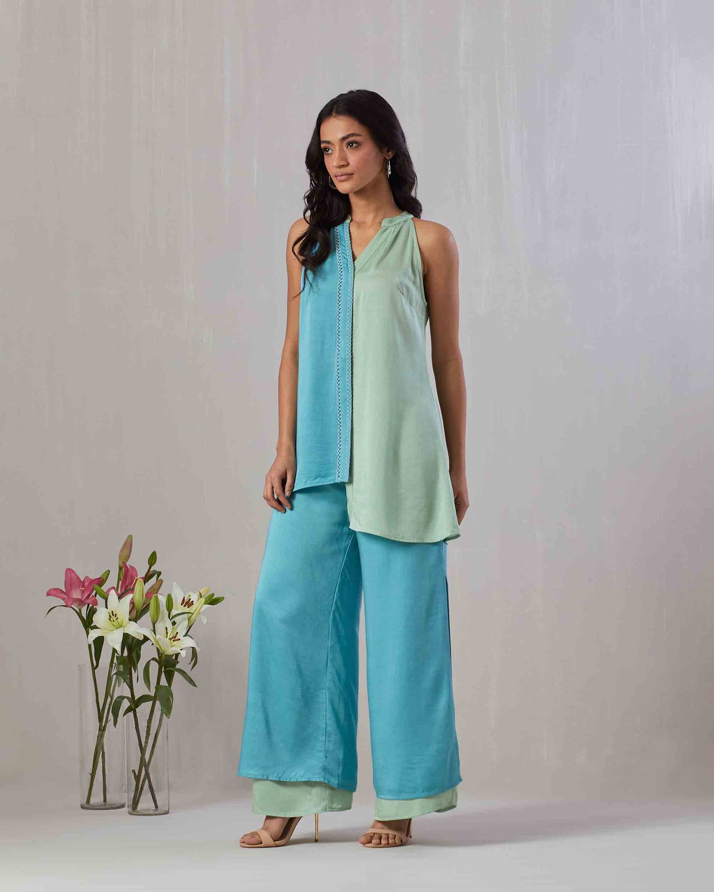 Two Toned Front Open Top & Pant set