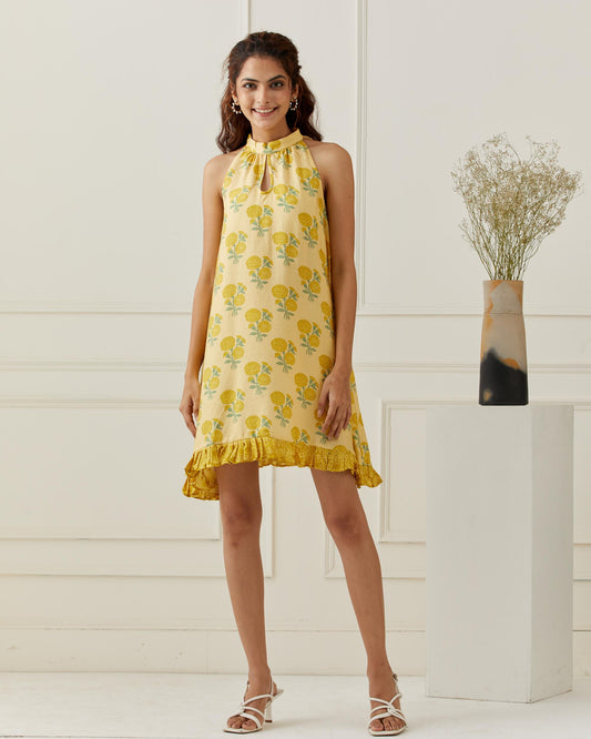Mustard Sleeveless Printed Frill Dress