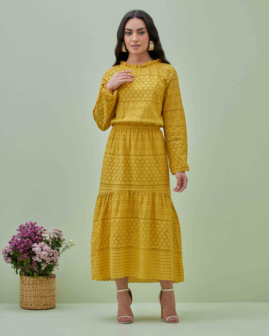 Yellow Cotton Schiffly Embroidered Maxi Dress