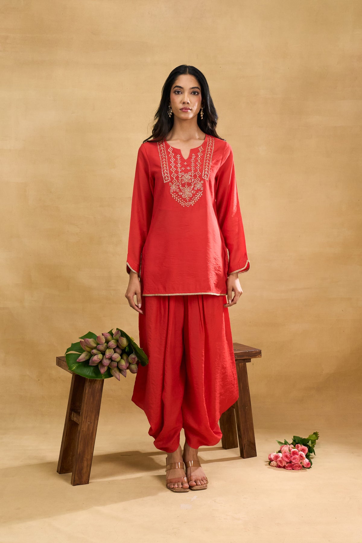 Scarlet Charm Dhoti Set by Grass & Sunshine – red chanderi kurta and dhoti pant set, image 1 of 8