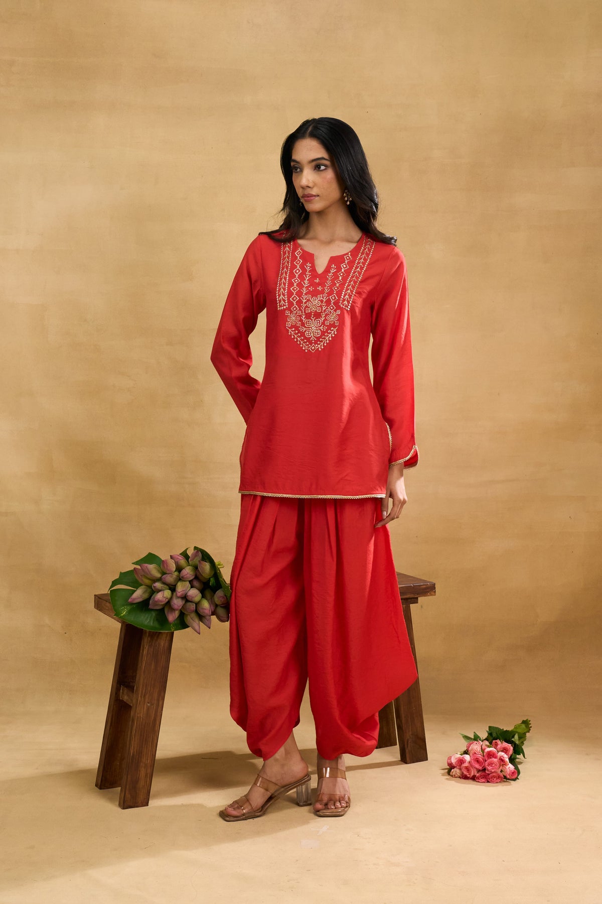 Scarlet Charm Dhoti Set by Grass & Sunshine – red chanderi kurta and dhoti pant set, image 4 of 8