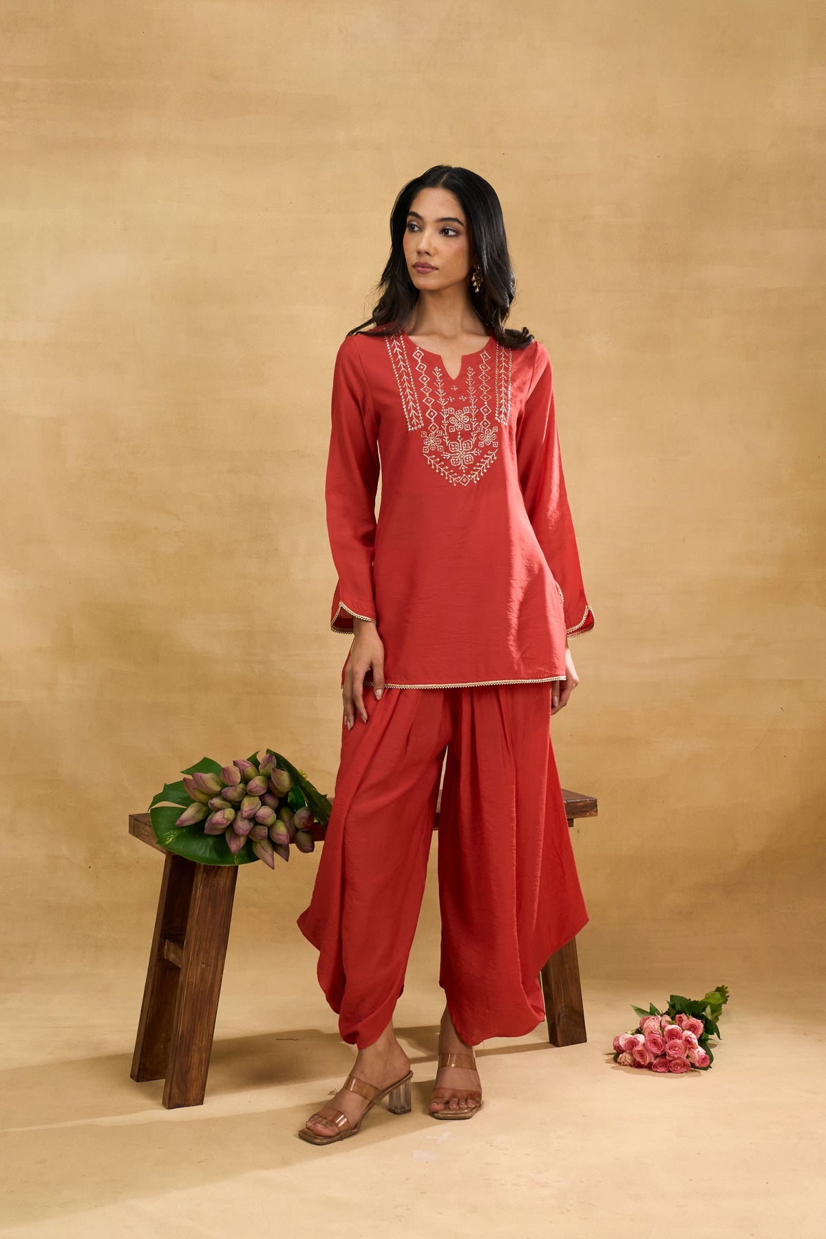 Scarlet Charm Dhoti Set by Grass & Sunshine – red chanderi kurta and dhoti pant set, image 5 of 8