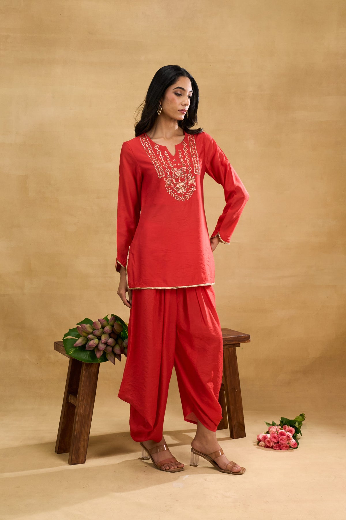 Scarlet Charm Dhoti Set by Grass & Sunshine – red chanderi kurta and dhoti pant set, image 6 of 8