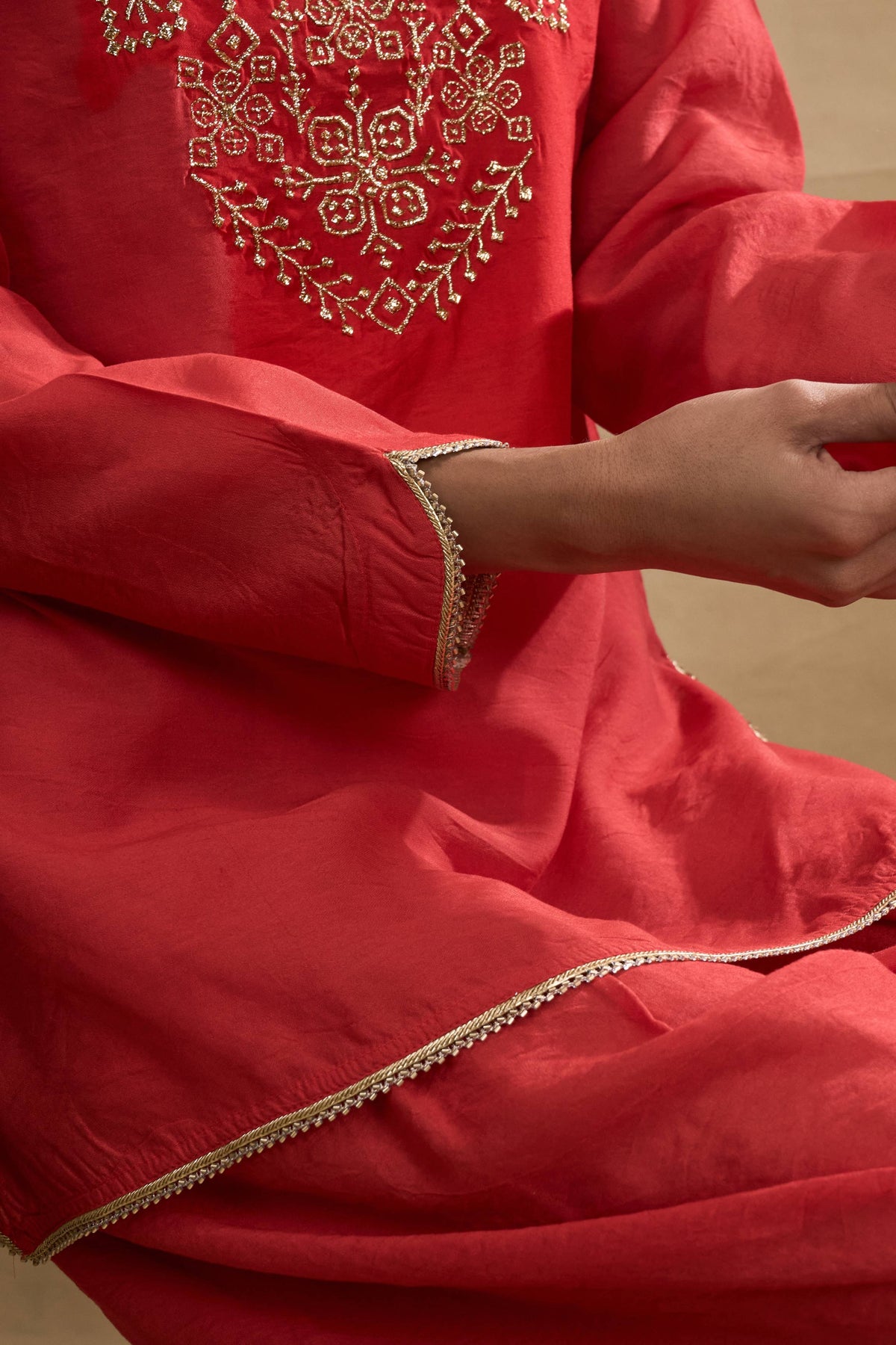 Scarlet Charm Dhoti Set by Grass & Sunshine – red chanderi kurta and dhoti pant set, image 7 of 8