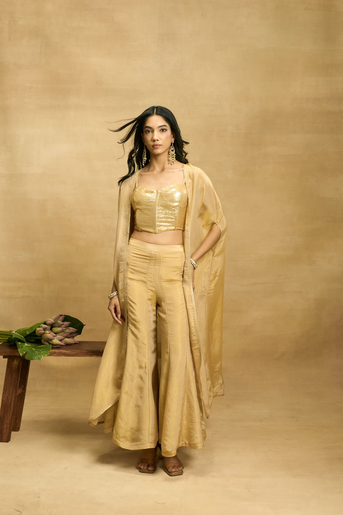 Golden Hour Cape Set by Grass & Sunshine – gold sequin bustier, flared pant and cape set, image 1 of 6
