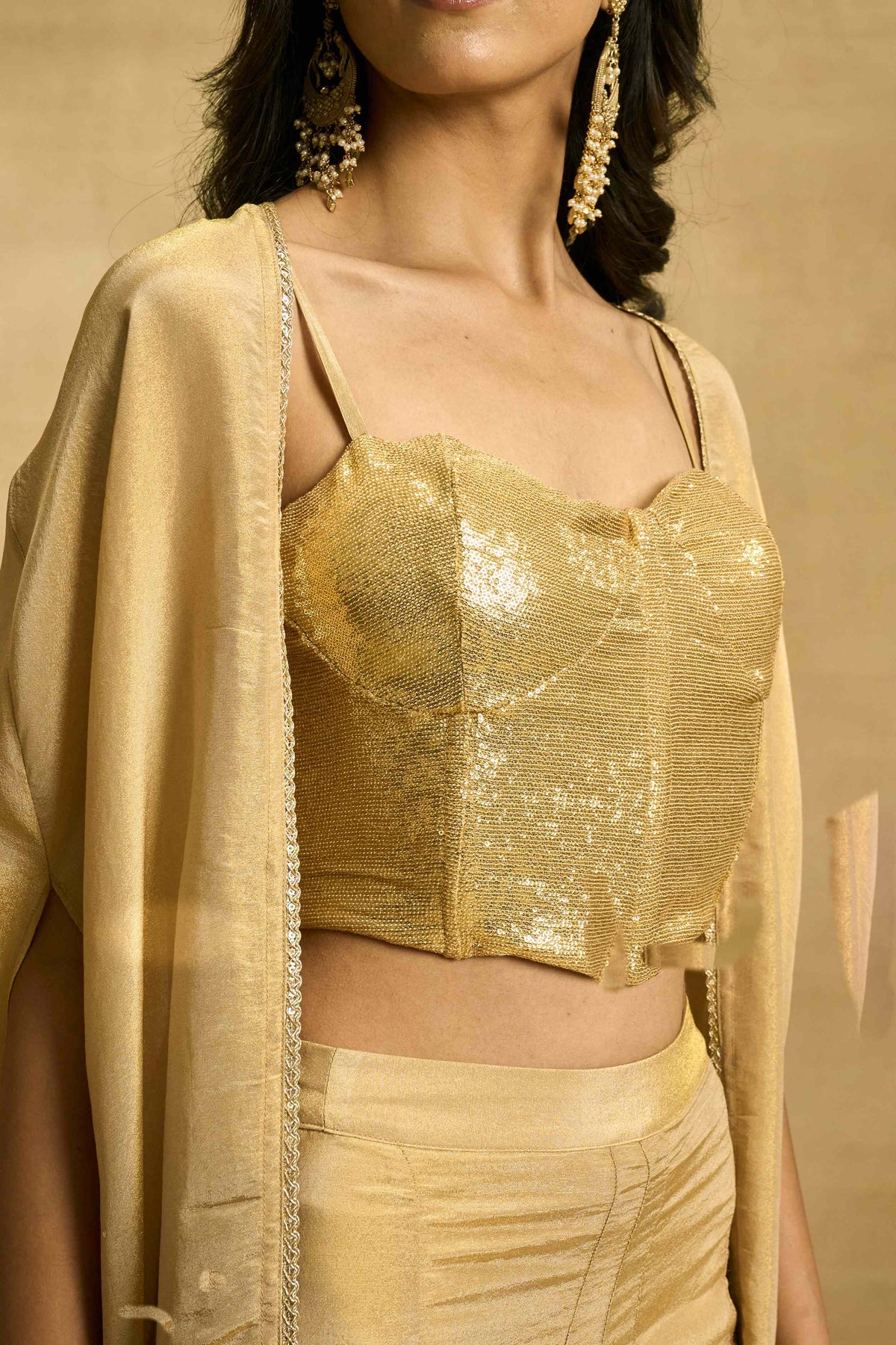Golden Hour Cape Set by Grass & Sunshine – gold sequin bustier, flared pant and cape set, image 3 of 6