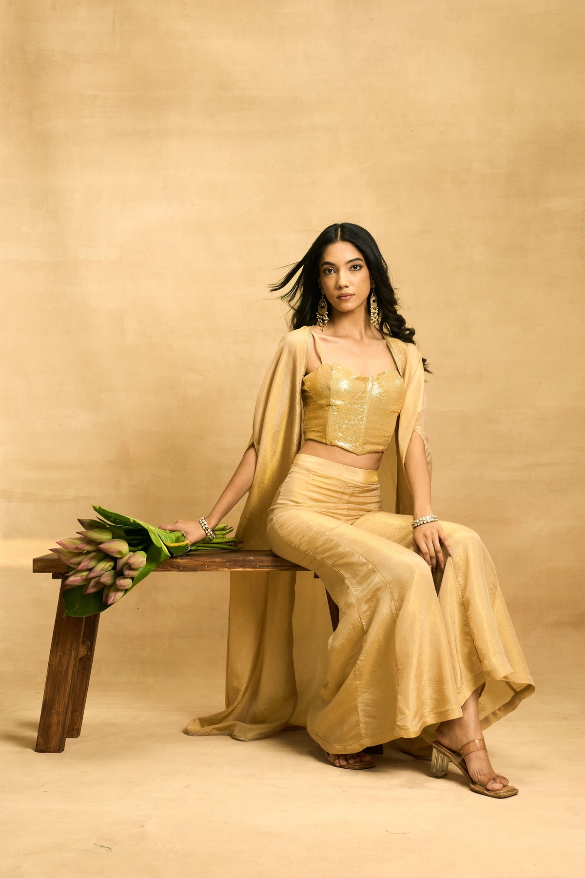 Golden Hour Cape Set by Grass & Sunshine – gold sequin bustier, flared pant and cape set, image 4 of 6