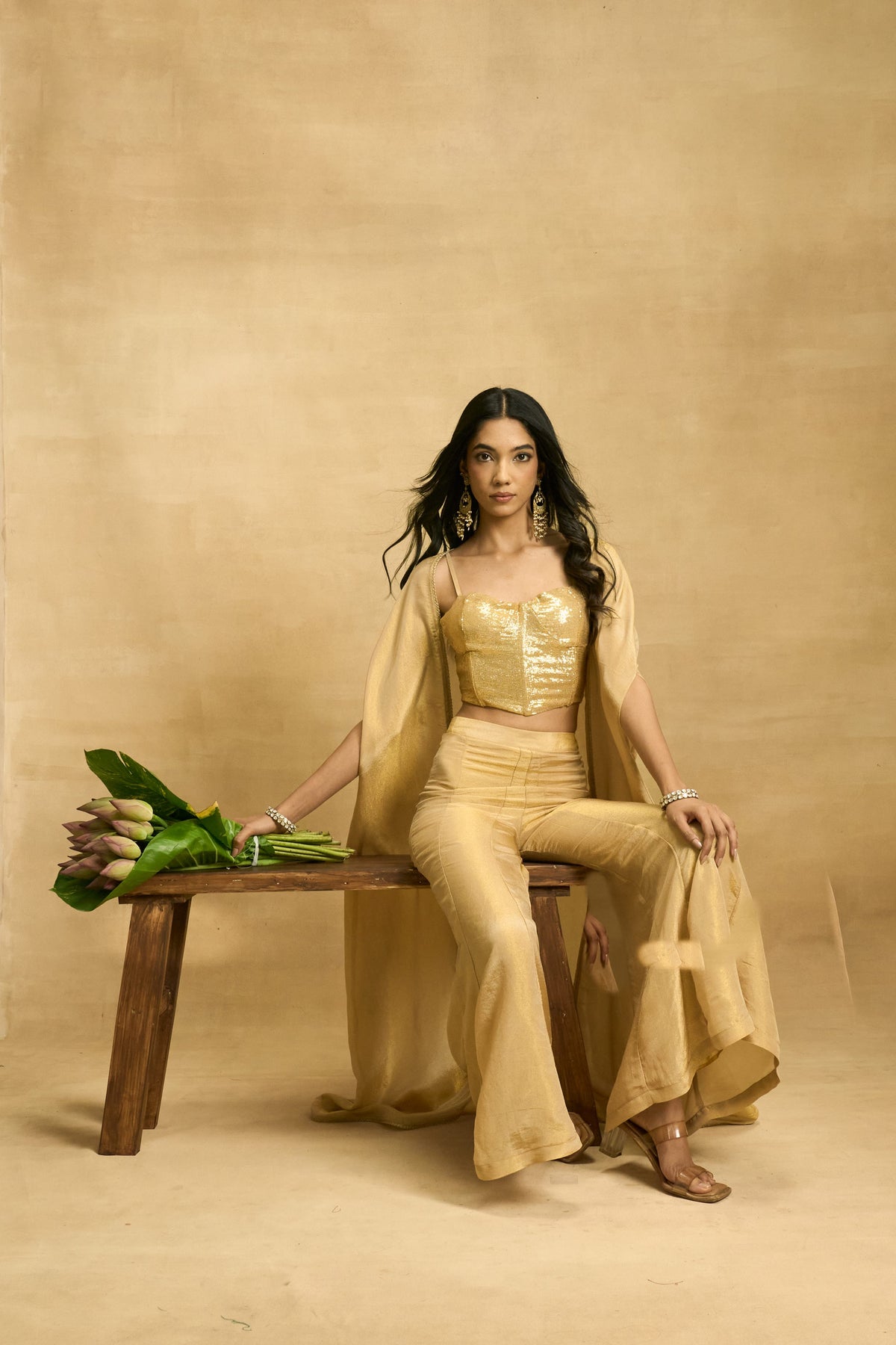 Golden Hour Cape Set by Grass & Sunshine – gold sequin bustier, flared pant and cape set, image 5 of 6