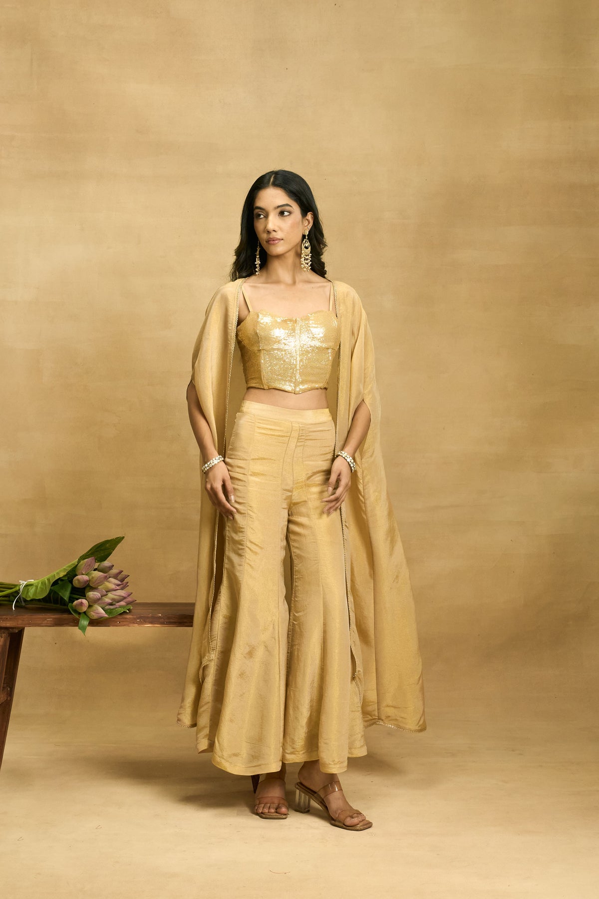Golden Hour Cape Set by Grass & Sunshine – gold sequin bustier, flared pant and cape set, image 6 of 6