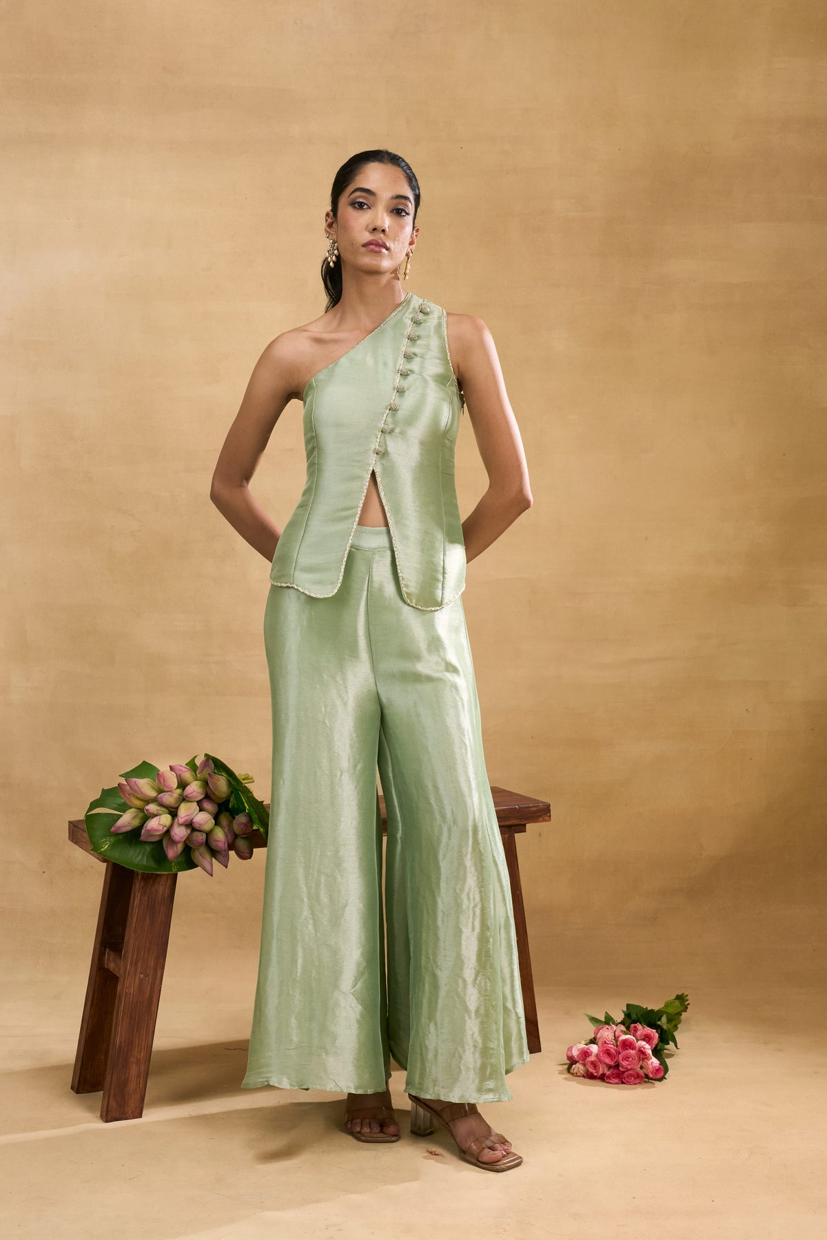 Olive Grace Set by Grass & Sunshine – light green one-shoulder top and trouser set, image 1 of 4