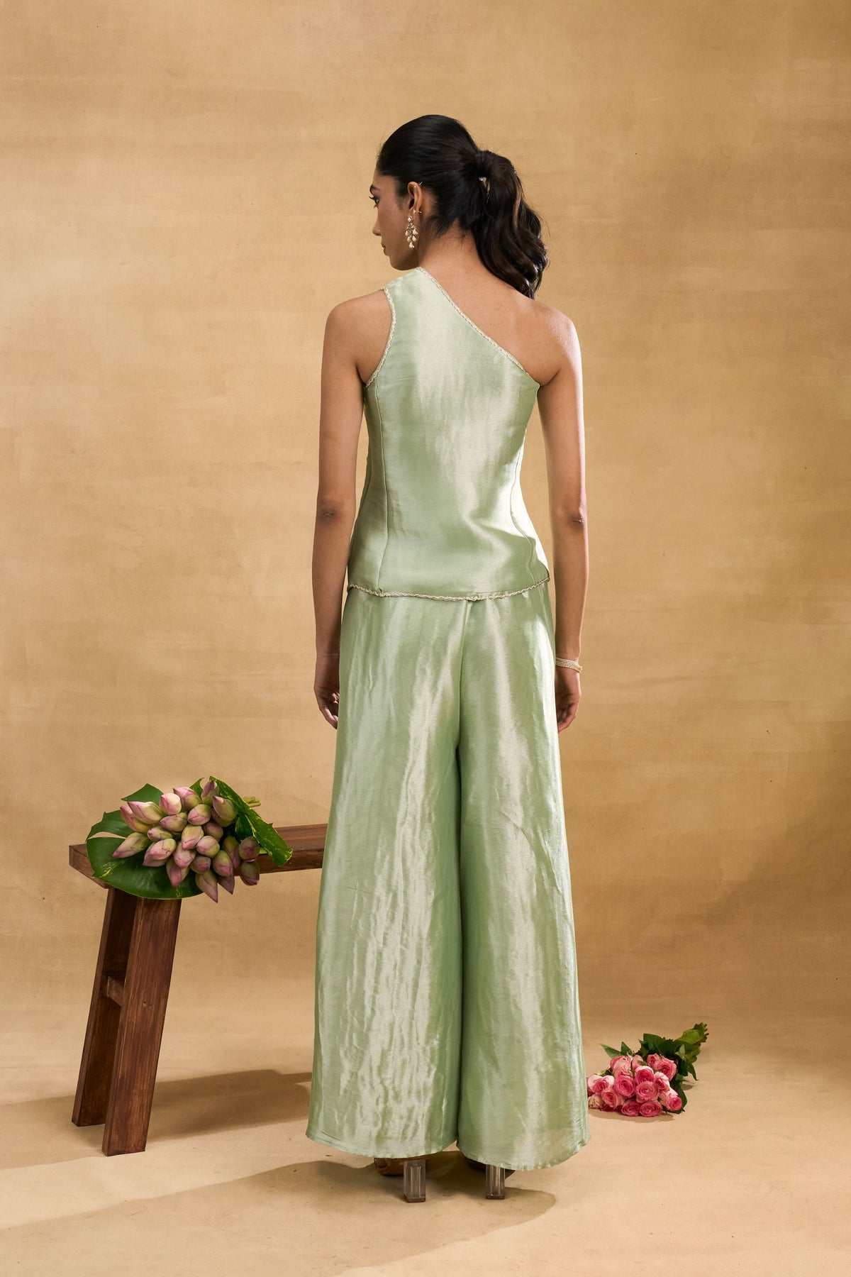 Olive Grace Set by Grass & Sunshine – light green one-shoulder top and trouser set, image 2 of 4