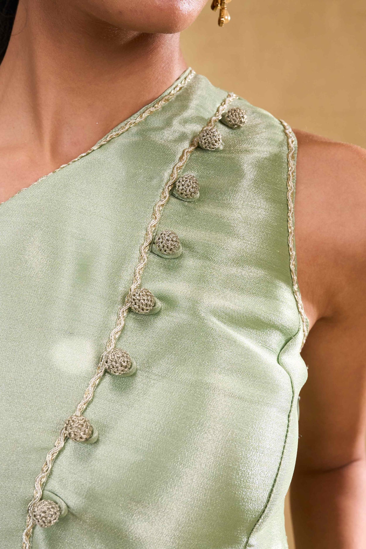 Olive Grace Set by Grass & Sunshine – light green one-shoulder top and trouser set, image 3 of 4