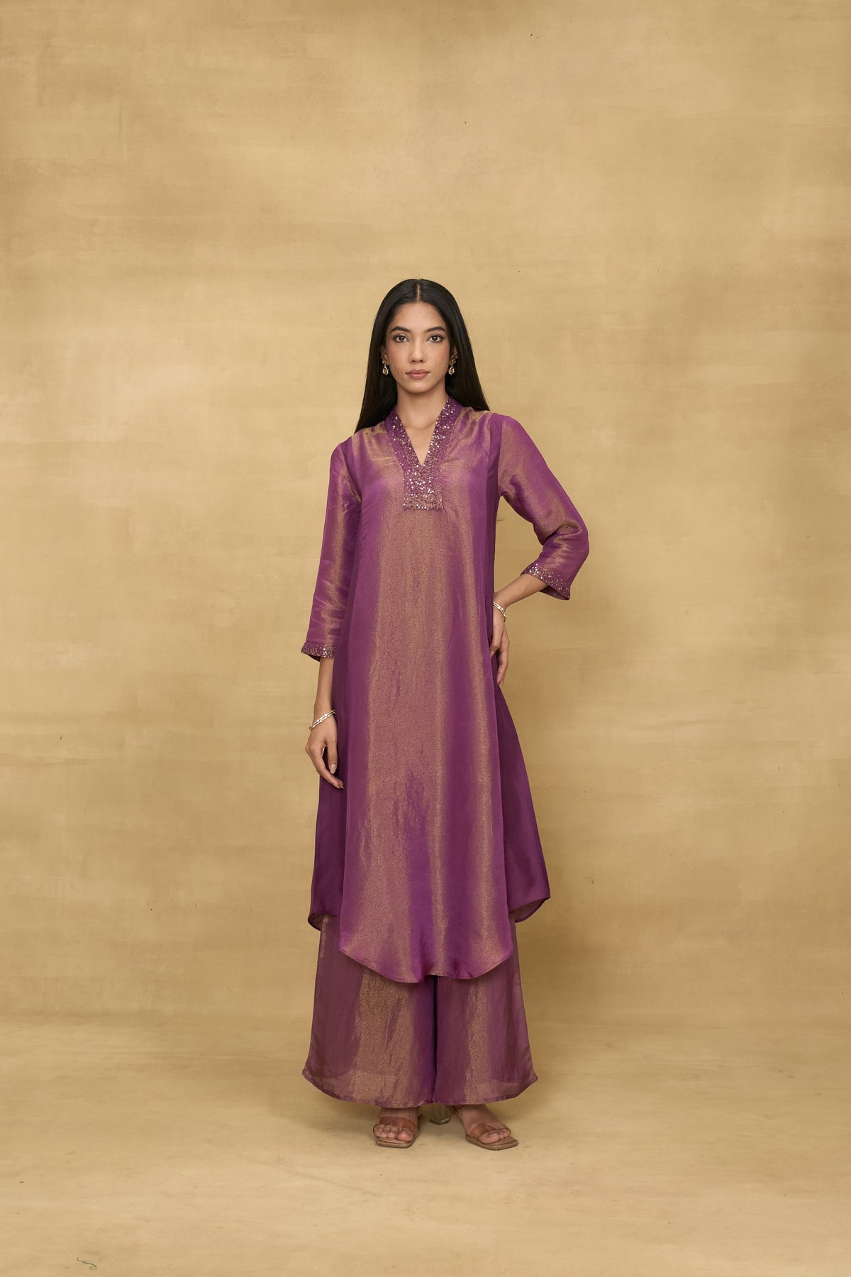 Amethyst Glow Set by Grass & Sunshine – amethyst tissue kurta and palazzo set, image 1 of 5