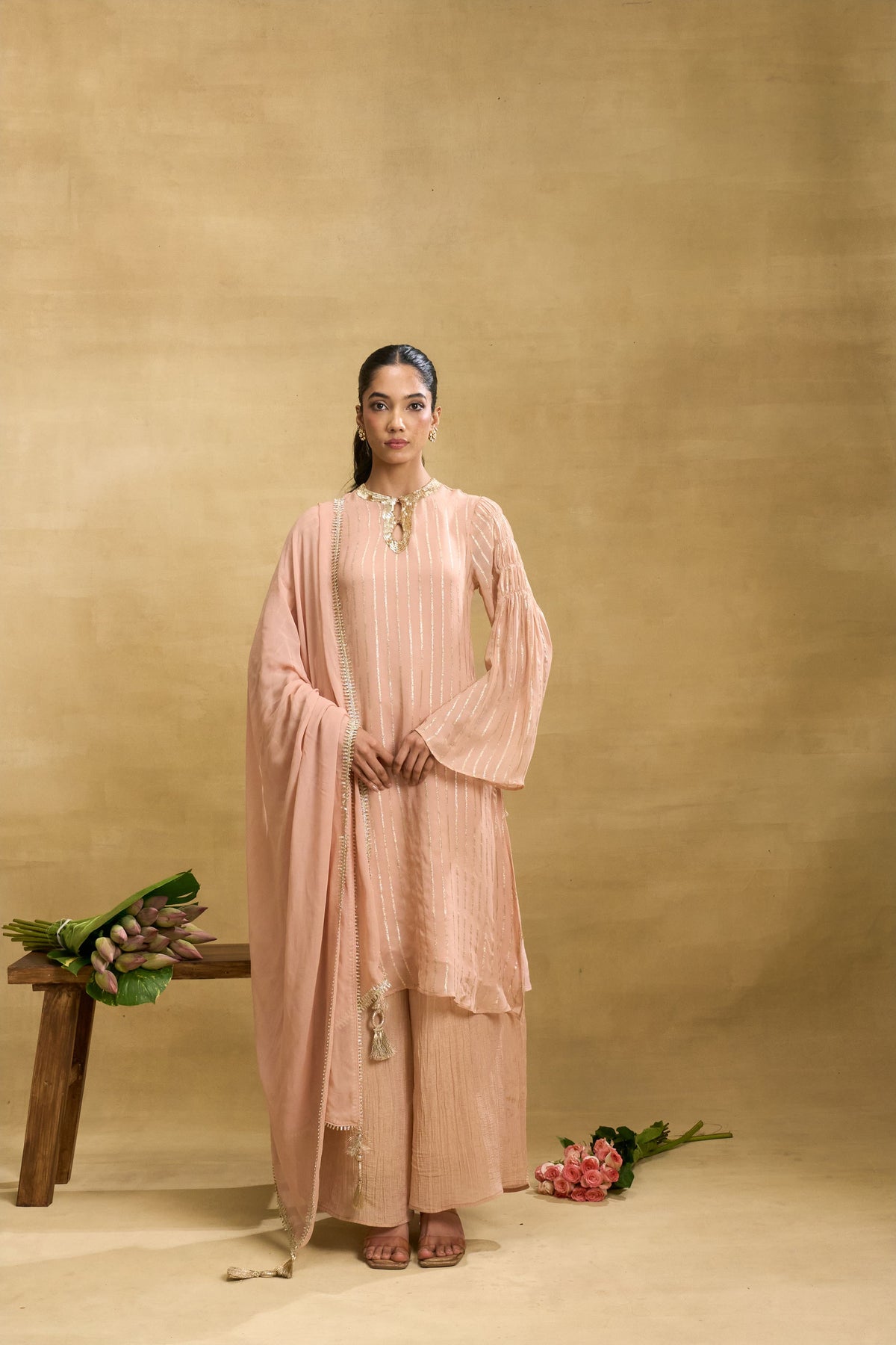 Blush Stripe Set by Grass & Sunshine – blush peach striped kurta, palazzo and dupatta set, image 1 of 6