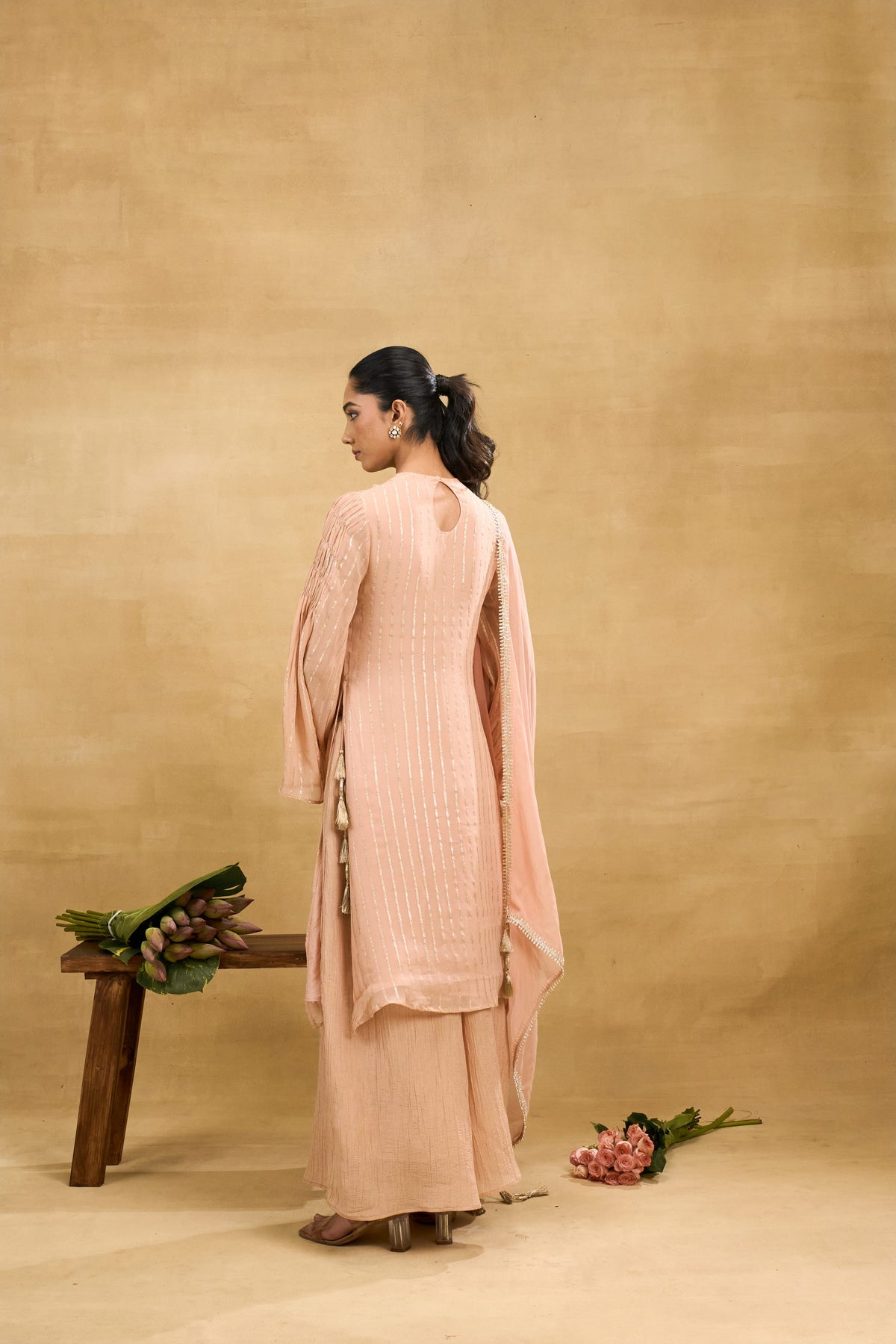 Blush Stripe Set by Grass & Sunshine – blush peach striped kurta, palazzo and dupatta set, image 2 of 6