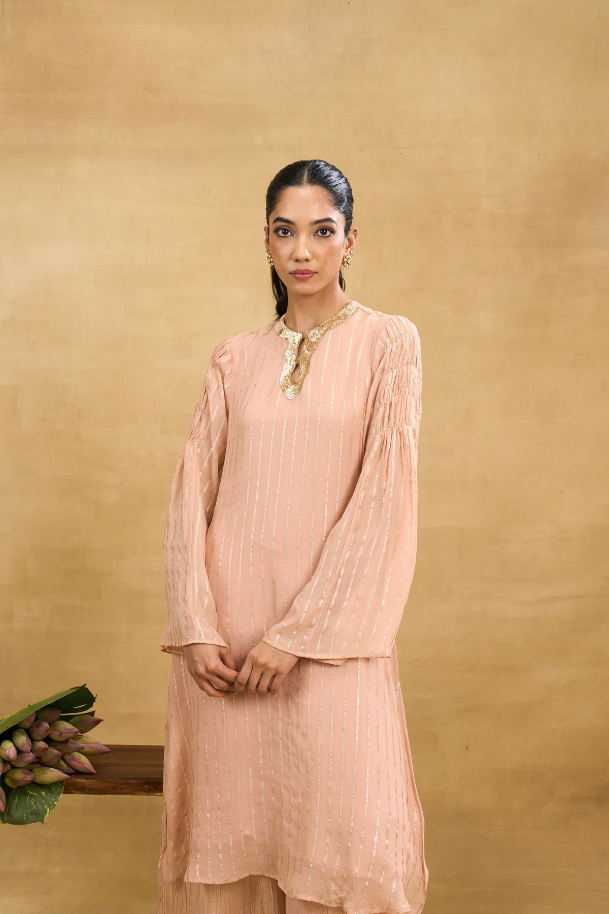 Blush Stripe Set by Grass & Sunshine – blush peach striped kurta, palazzo and dupatta set, image 3 of 6