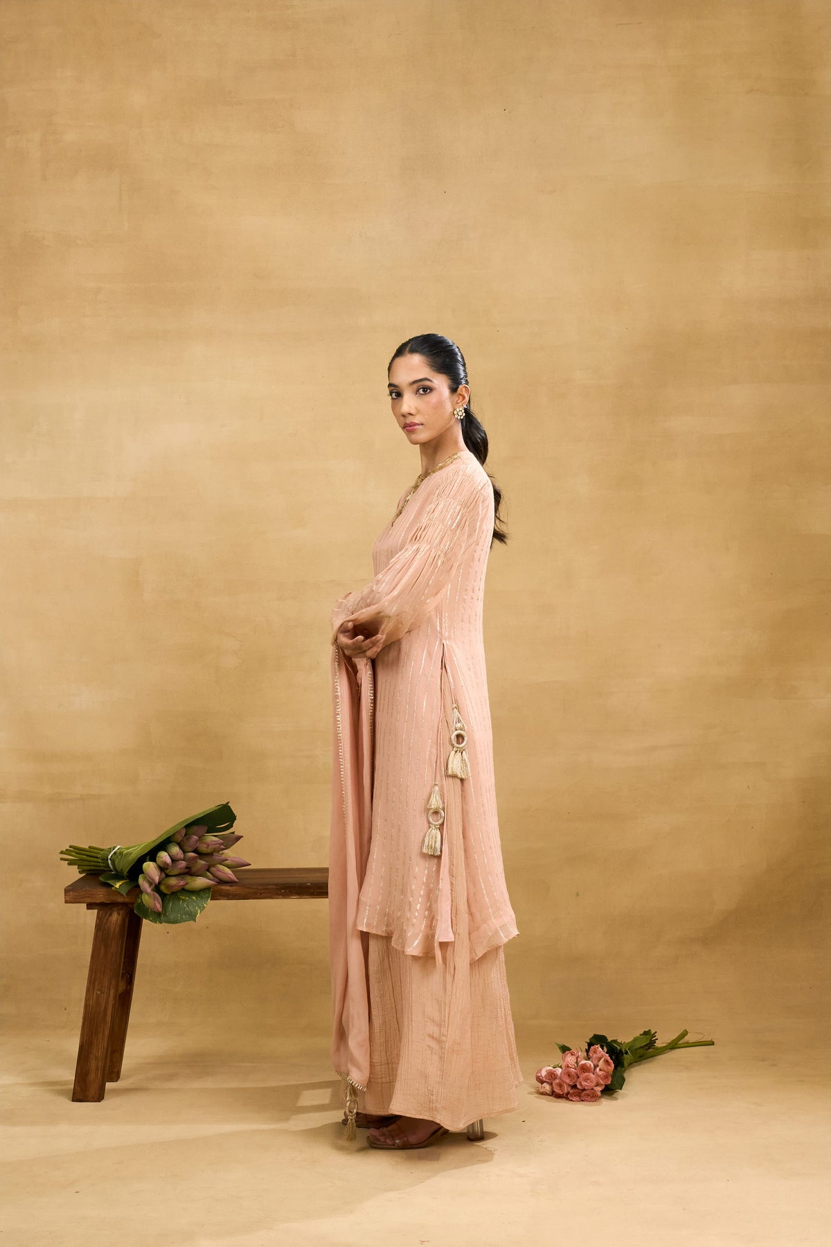 Blush Stripe Set by Grass & Sunshine – blush peach striped kurta, palazzo and dupatta set, image 4 of 6