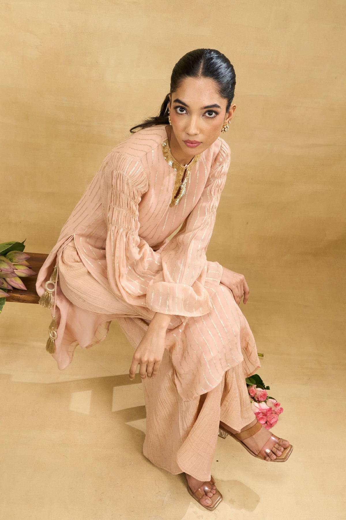 Blush Stripe Set by Grass & Sunshine – blush peach striped kurta, palazzo and dupatta set, image 6 of 6