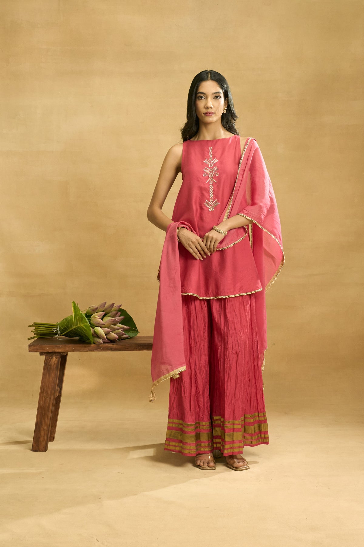Fuchsia Fiesta Set by Grass & Sunshine – fuchsia chanderi kurta, palazzo and dupatta set, image 1 of 5