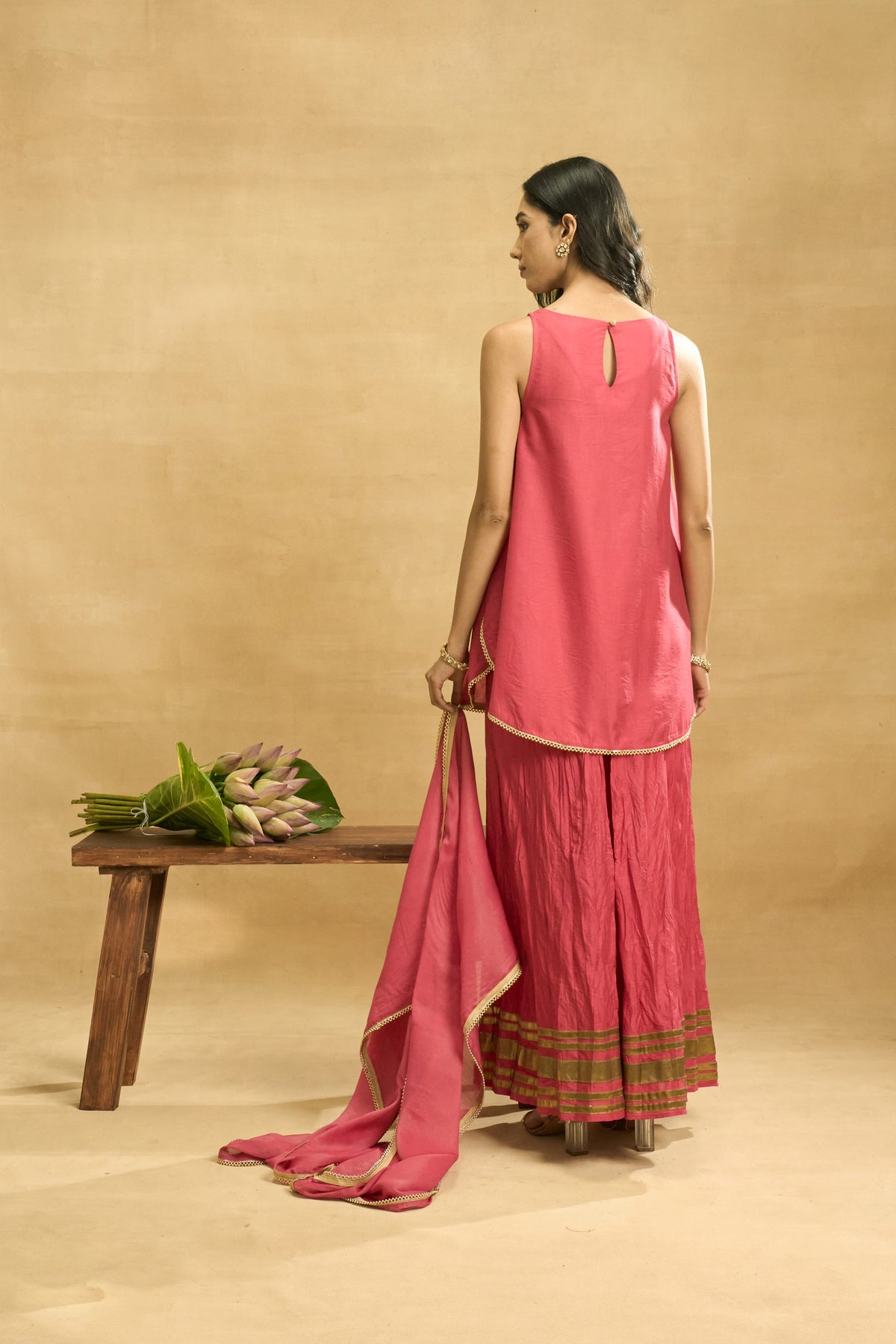 Fuchsia Fiesta Set by Grass & Sunshine – fuchsia chanderi kurta, palazzo and dupatta set, image 2 of 5