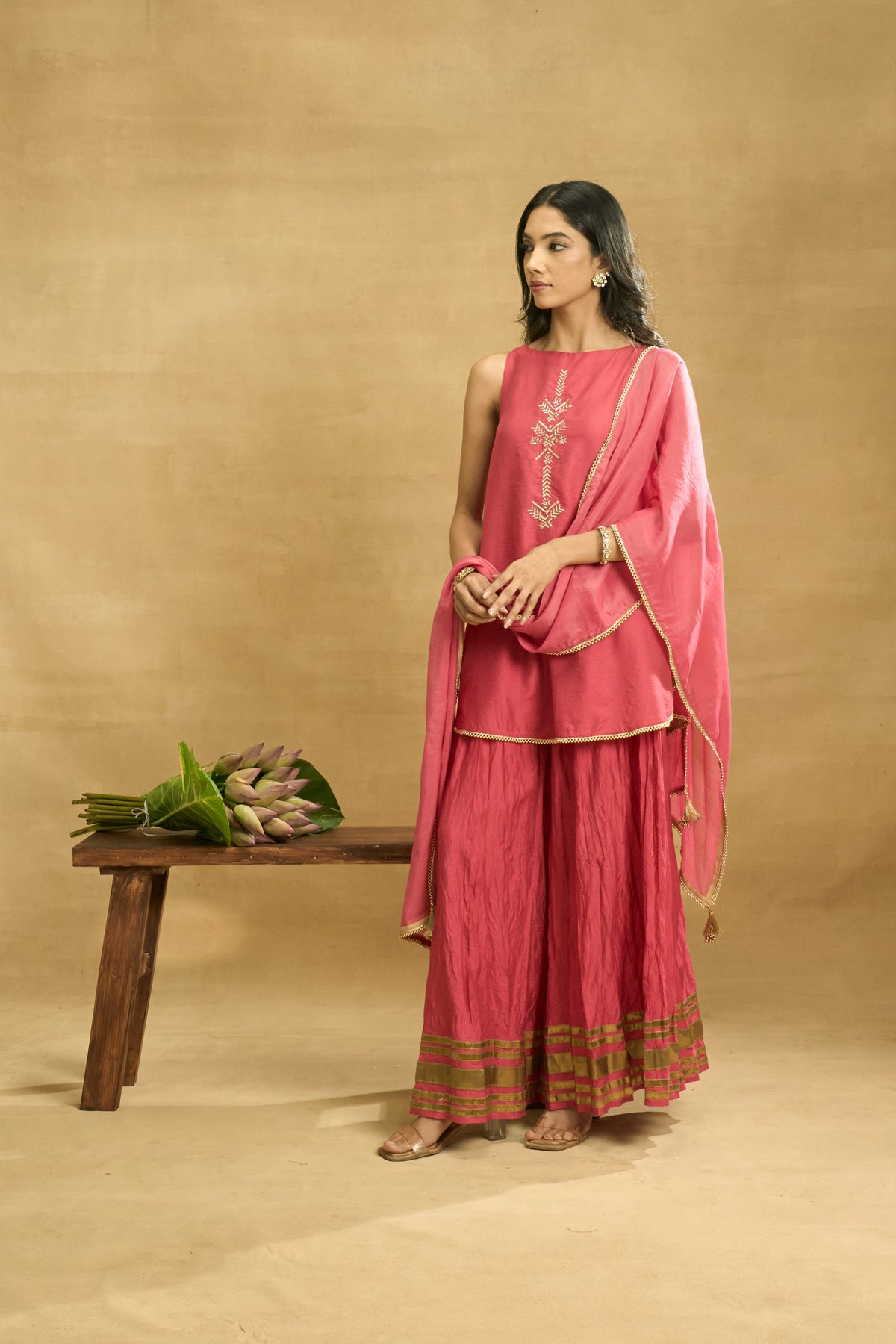 Fuchsia Fiesta Set by Grass & Sunshine – fuchsia chanderi kurta, palazzo and dupatta set, image 4 of 5