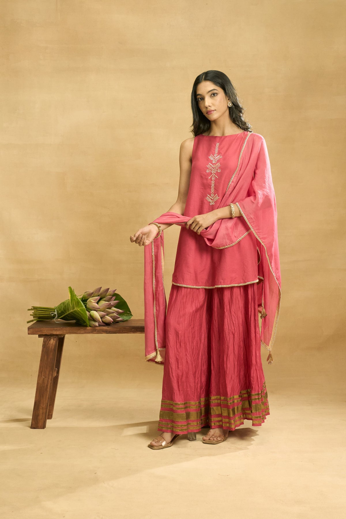 Fuchsia Fiesta Set by Grass & Sunshine – fuchsia chanderi kurta, palazzo and dupatta set, image 5 of 5
