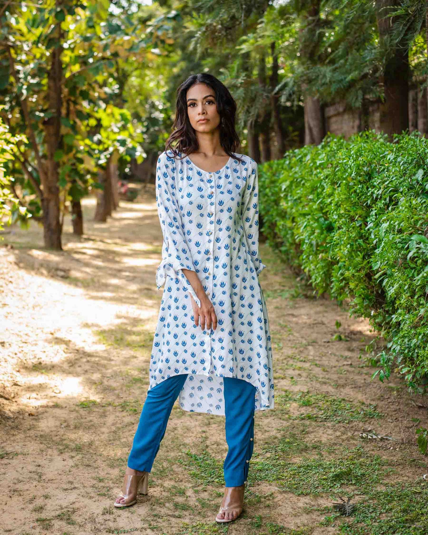 Printed Modal Satin Kurta with Contrast Pant