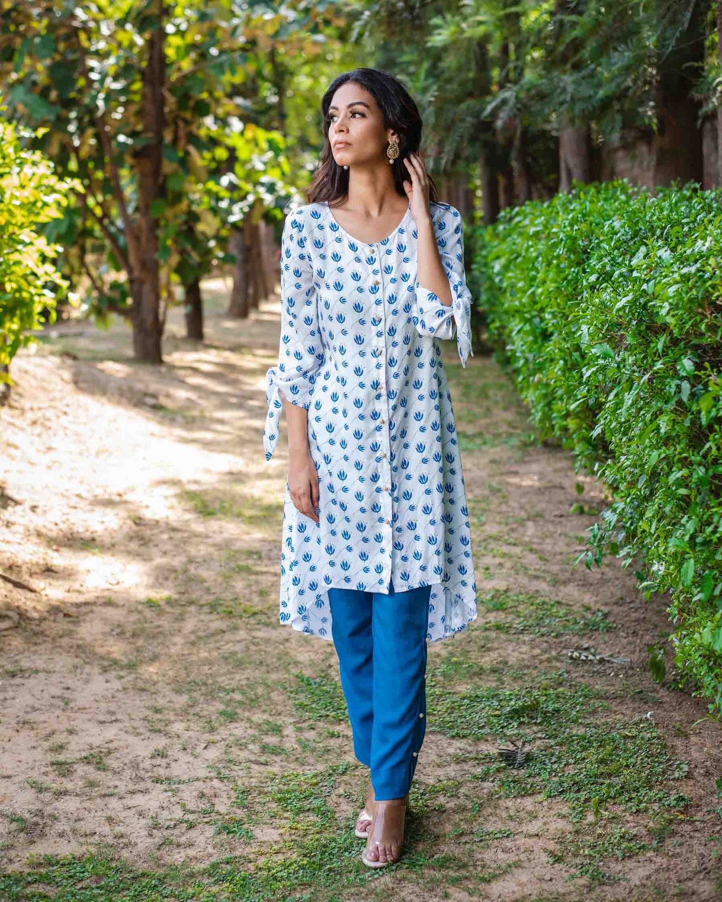 Printed Modal Satin Kurta with Contrast Pant