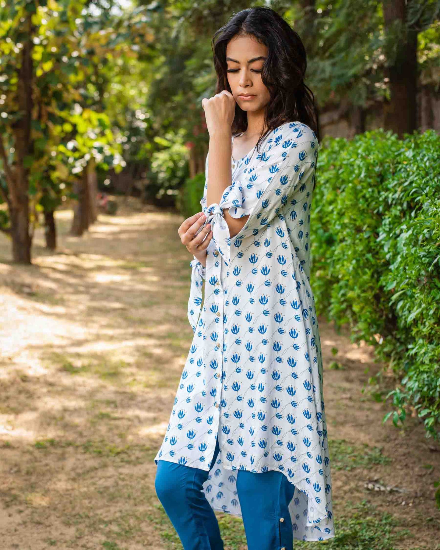 Printed Modal Satin Kurta with Contrast Pant