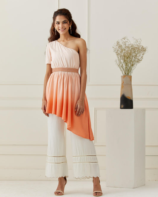 Off Shoulder Ombrey Kurta with Scalloped Pant
