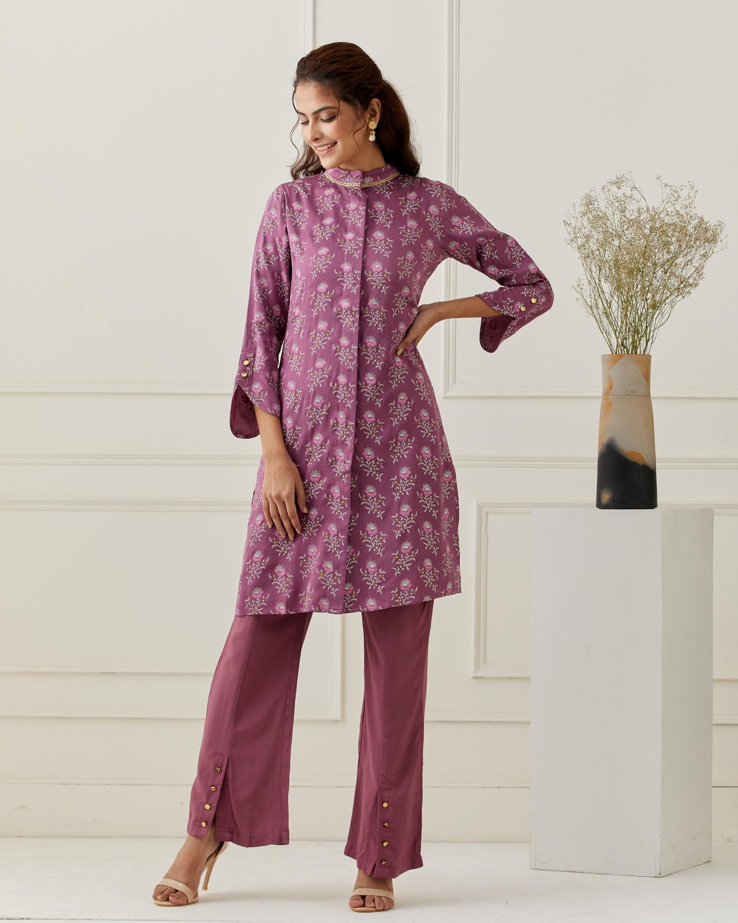 Modal Satin Printed Kurta with Solid Pant