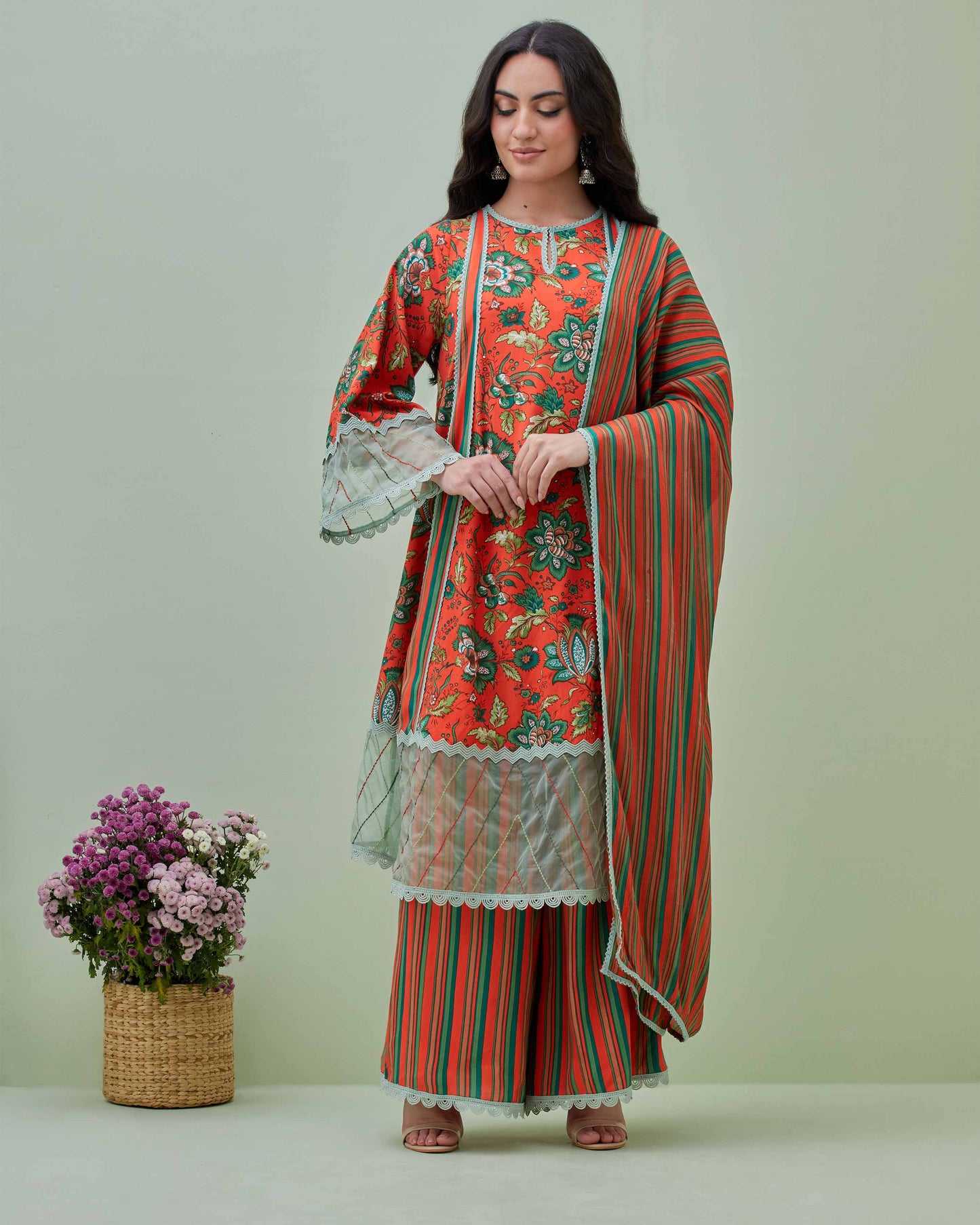 Tropical Print Kurta Pant Set with Dupatta