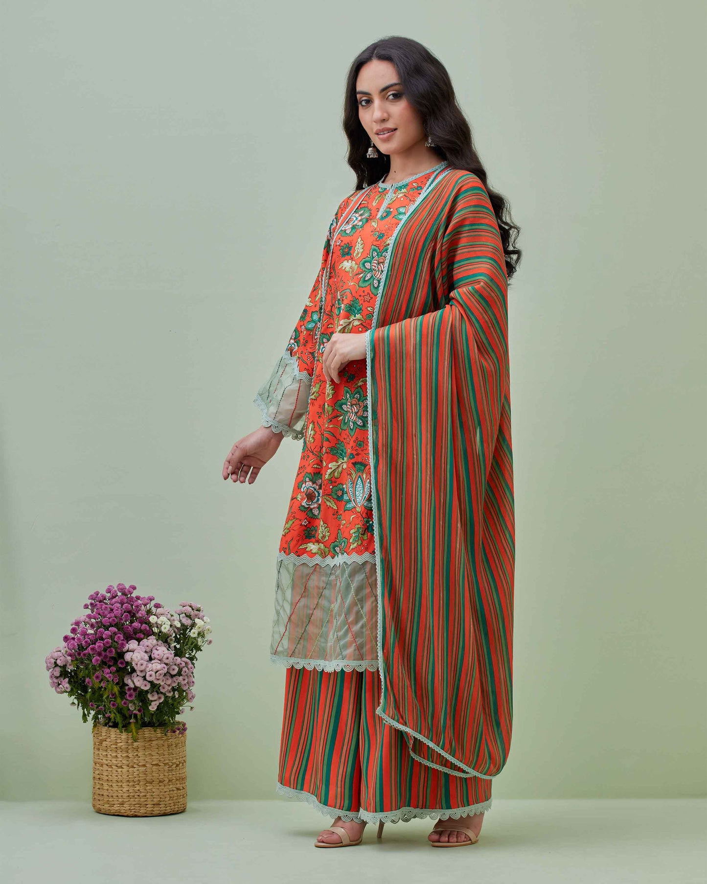 Tropical Print Kurta Pant Set with Dupatta