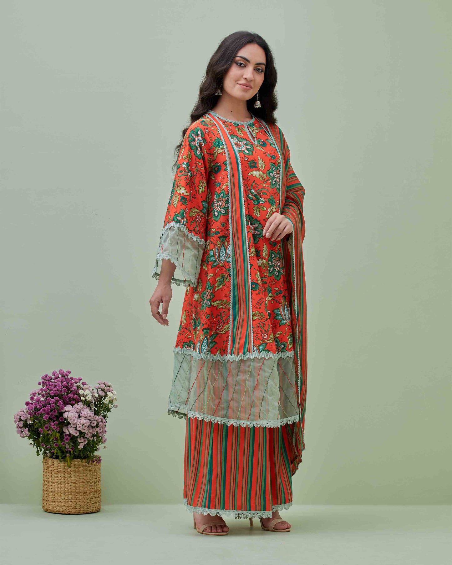 Tropical Print Kurta Pant Set with Dupatta