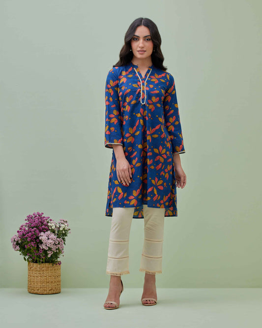 Blue Block Printed Kurta with Fitted Pants