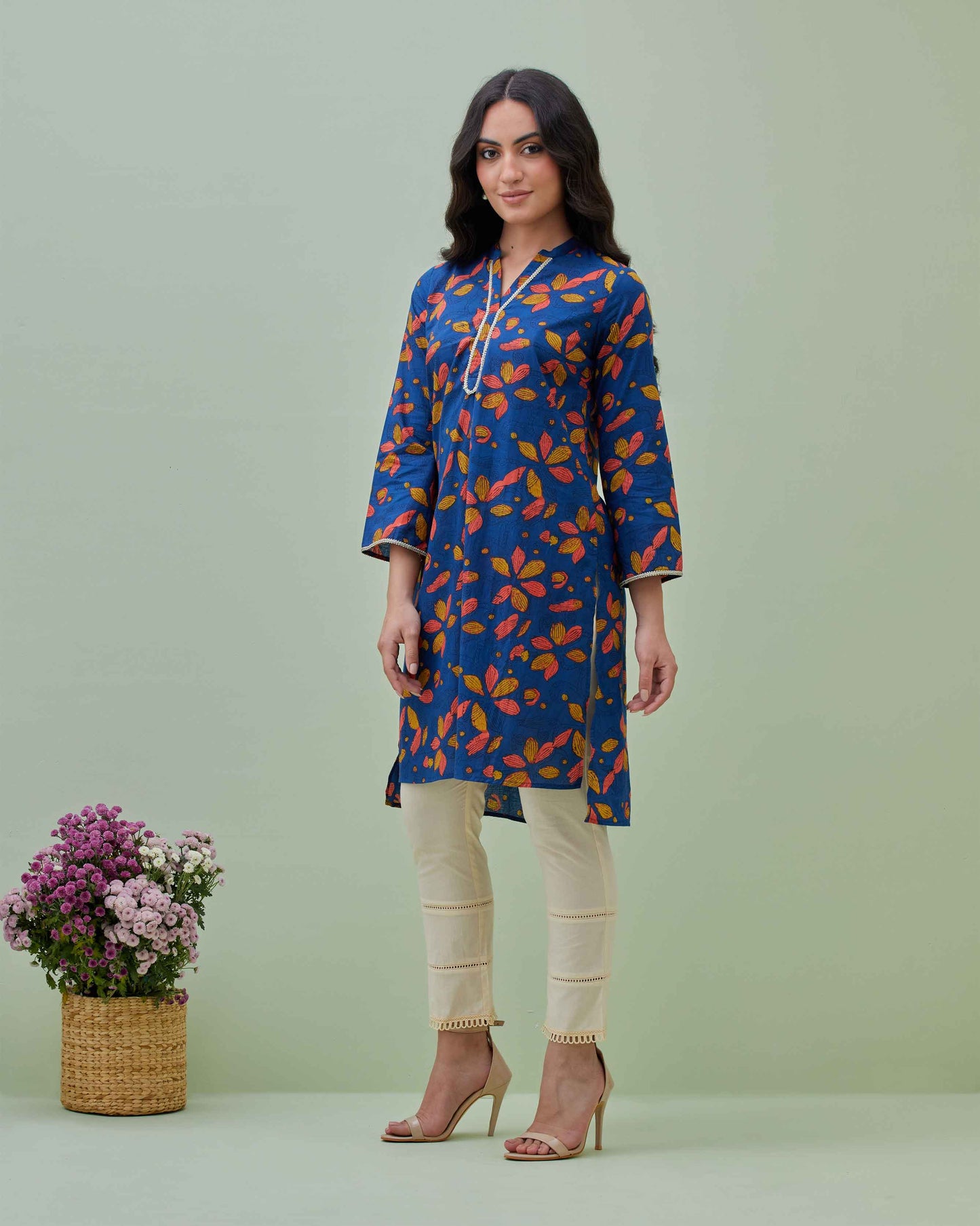 Blue Block Printed Kurta with Fitted Pants