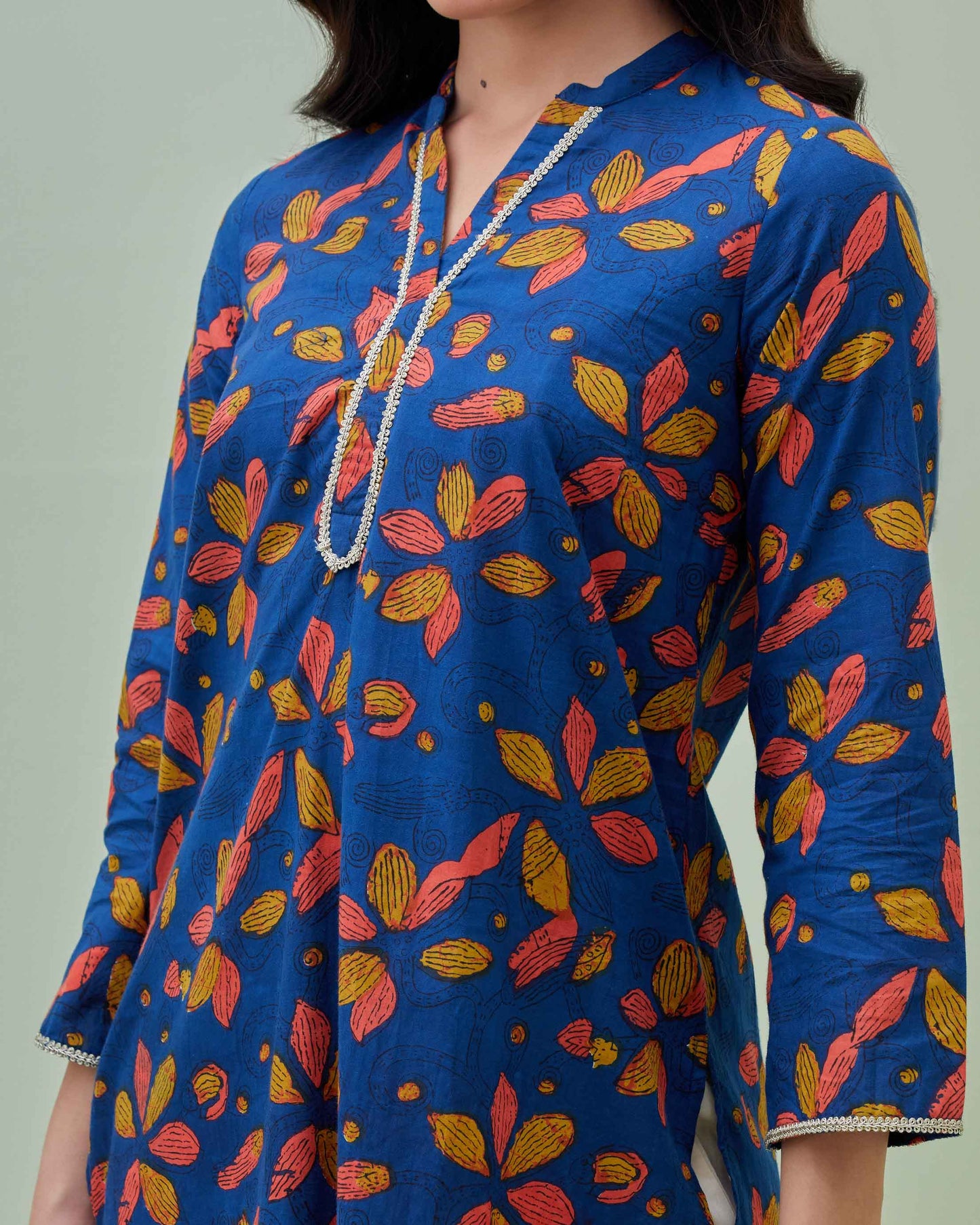 Blue Block Printed Kurta with Fitted Pants