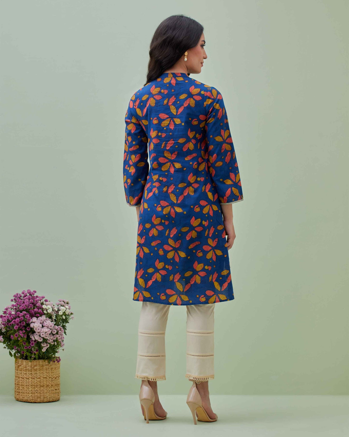 Blue Block Printed Kurta with Fitted Pants